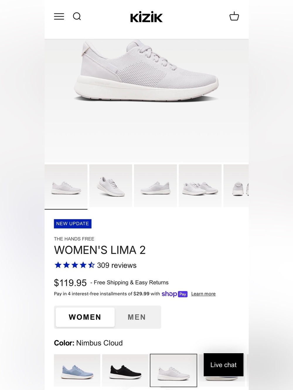 Kizik Women’s Lima 2 Knit Hands Free Sneaker — Nimbus Cloud (Light Gray) Sz 8.5